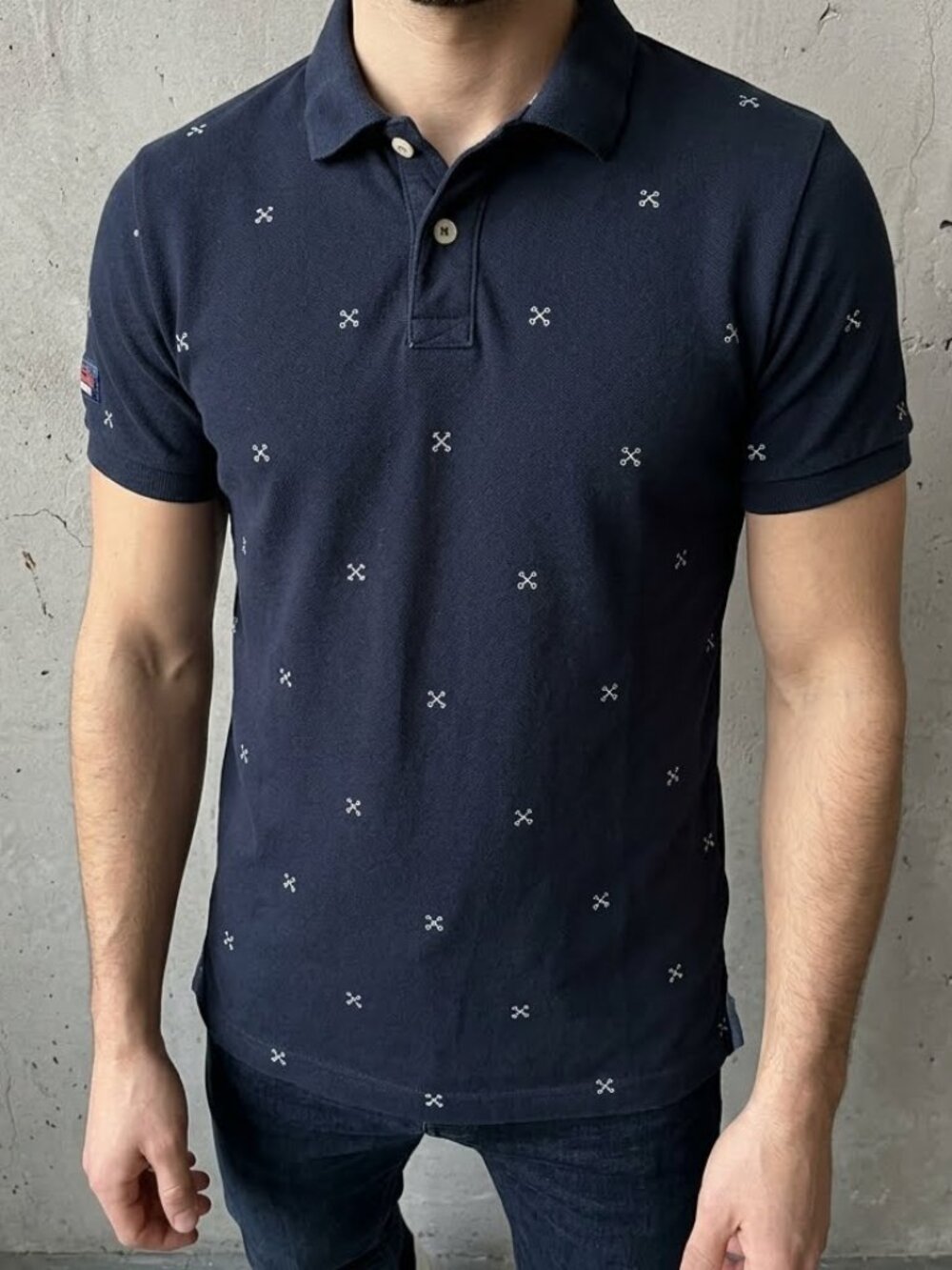 Superdry Polo Navy Blue Arrow Pattern Embroidered Short Sleeve Shirt Men's M